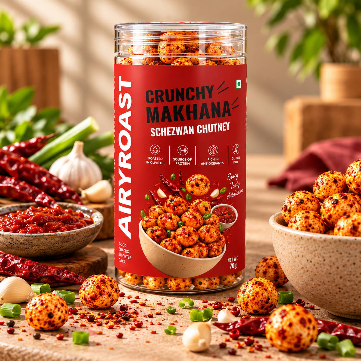 Roasted Makhana – Schezwan Chutney (70g Jar)